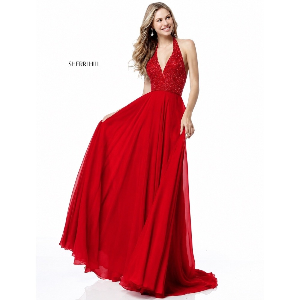 Sherri Hill 51640 Red Sequin Halter Chiffon Gown Size 8 NWT Retail $480